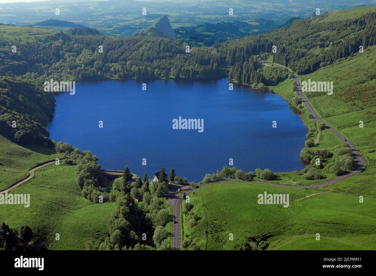 France, Puy-de-Dôme Lake Guéry mountain lake of volcanic origin located in the Massif des Monts Dore, aerial view; Stock Photo