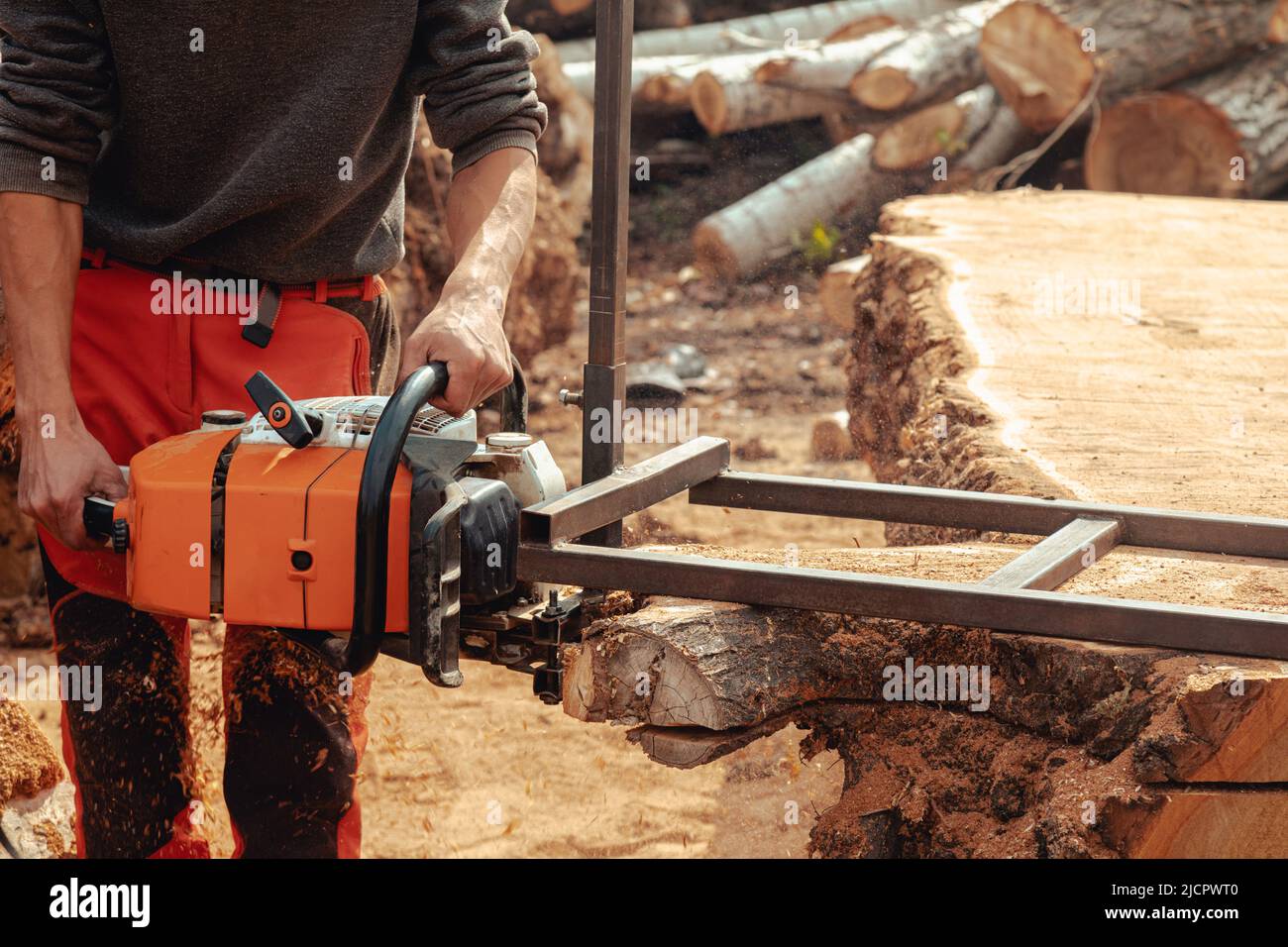 Closeup of lumberjack cutting tree trunk with giant chainsaw to make