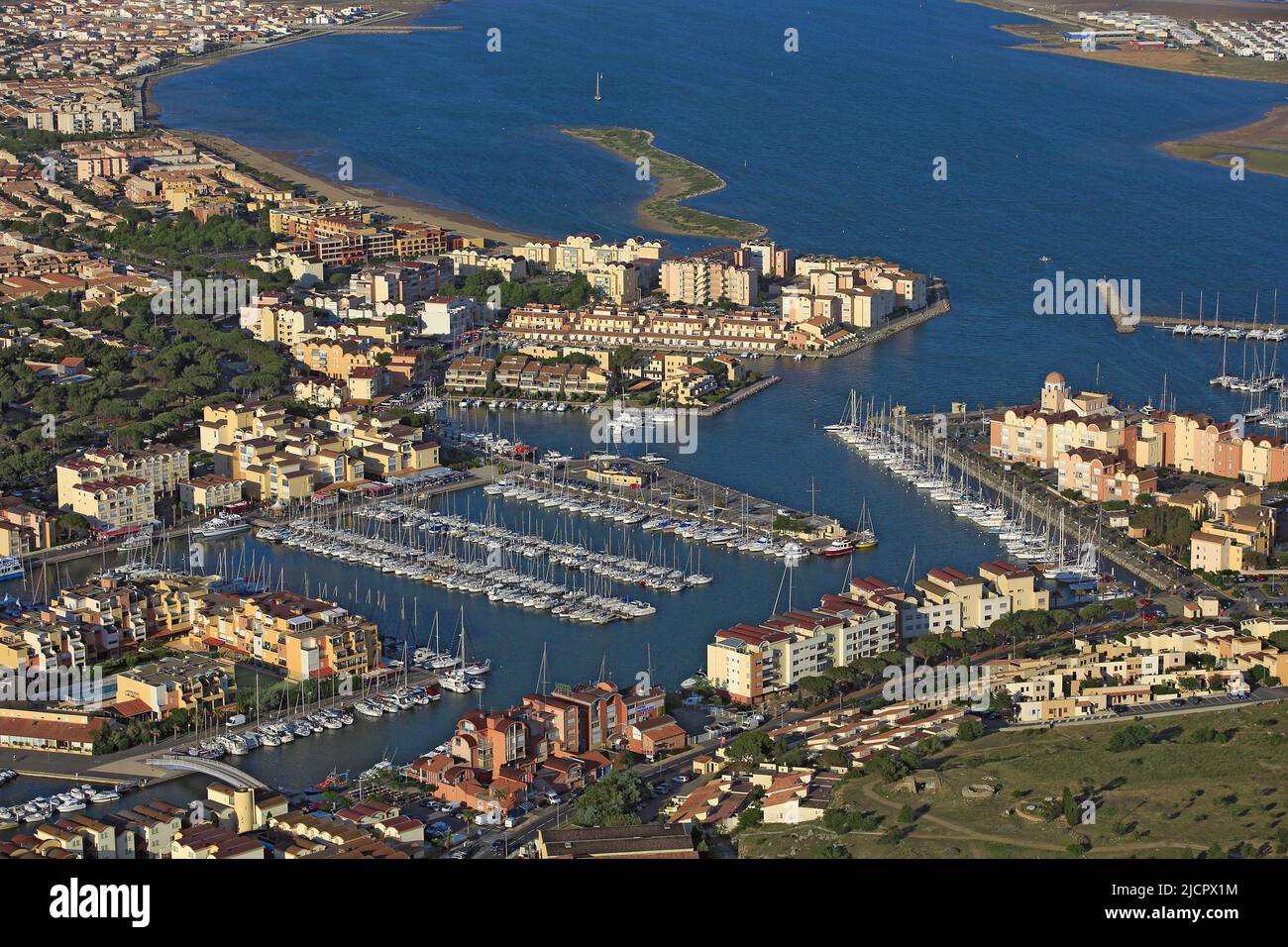 France, Aude, Gruissan, the resort is the main department of Aude in the Gulf of Lion (aerial photo) Stock Photo