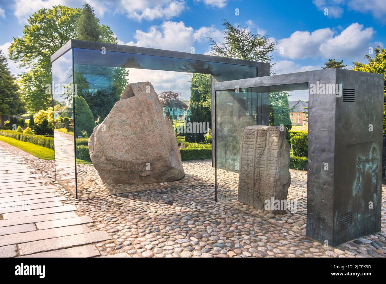 Danish national rune stone monuments in Jelling Denmark Stock Photo