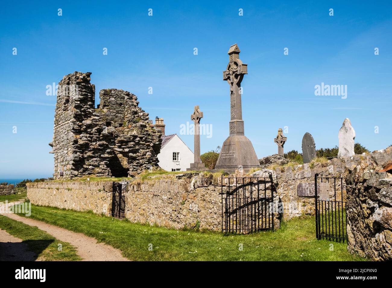 St Mary's Abbey ruins on Ynys Enlli or Bardsey Island, Llyn Peninsula, Gwynedd, north Wales, UK, Britain. The end of North Wales Pilgrims Way trail Stock Photo