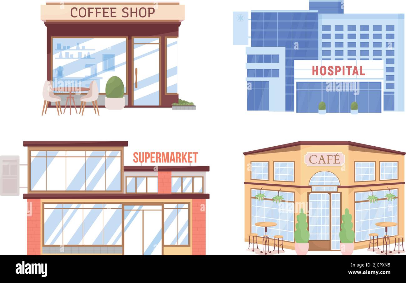City service semi flat color vector objects set Stock Vector