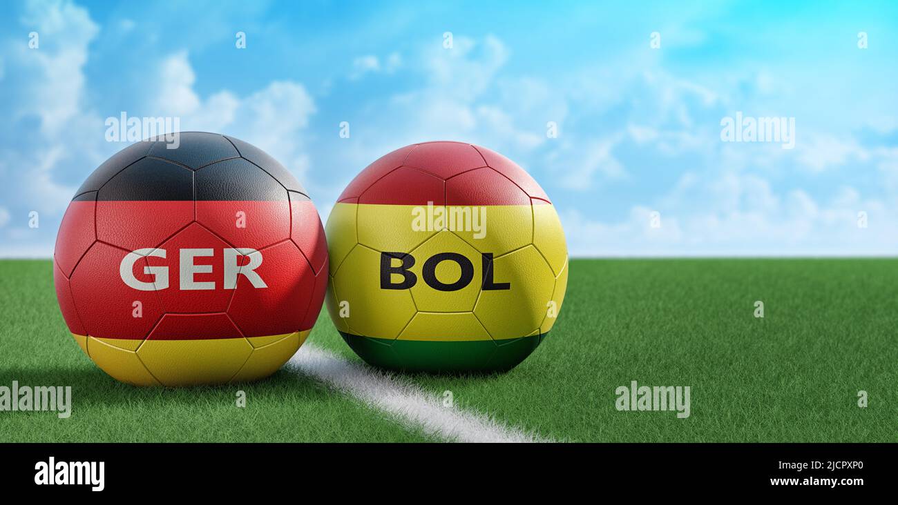 Germany vs. Bolivia Soccer Match - Leather balls in Germany and Bolivia national colors. 3D Rendering Stock Photo