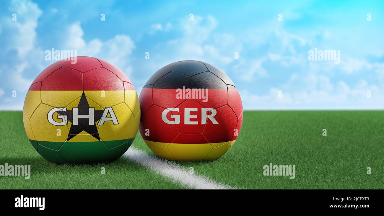 Germany vs. Ghana Soccer Match - Leather balls in Germany and Ghana national colors. 3D Rendering Stock Photo