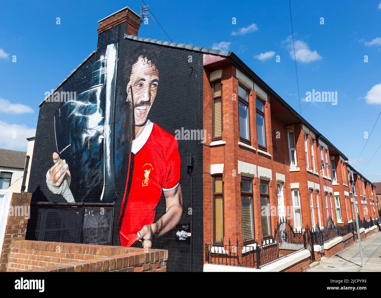 Mural of Alan Kennedy holding the 1981 European Cup, Liverpool FC street art, Anfield, Liverpool, England, UK Stock Photo