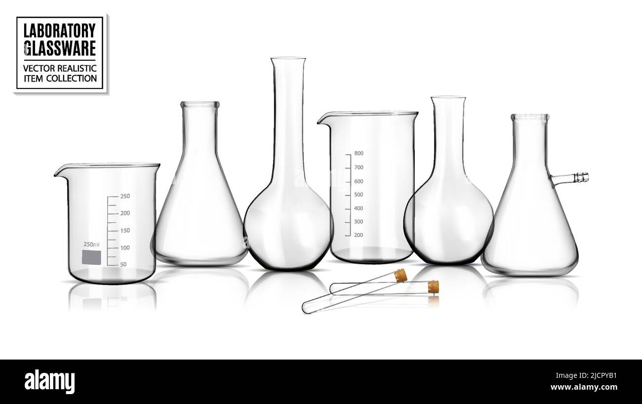 Collection of empty chemical glassware in laboratory isolated on white ...