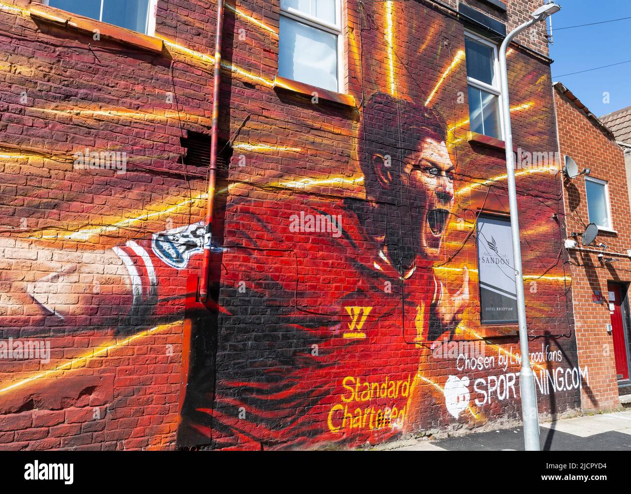 Steven Gerrard mural, Liverpool FC street art, The Sandon, Anfield, Liverpool, England, UK Stock