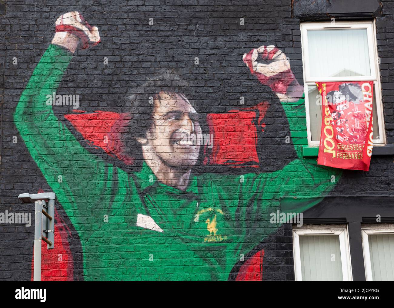 Ray Clemence mural, street art in tribute to Liverpool FC goalkeeper, Anfield, Liverpool, England, UK Stock Photo