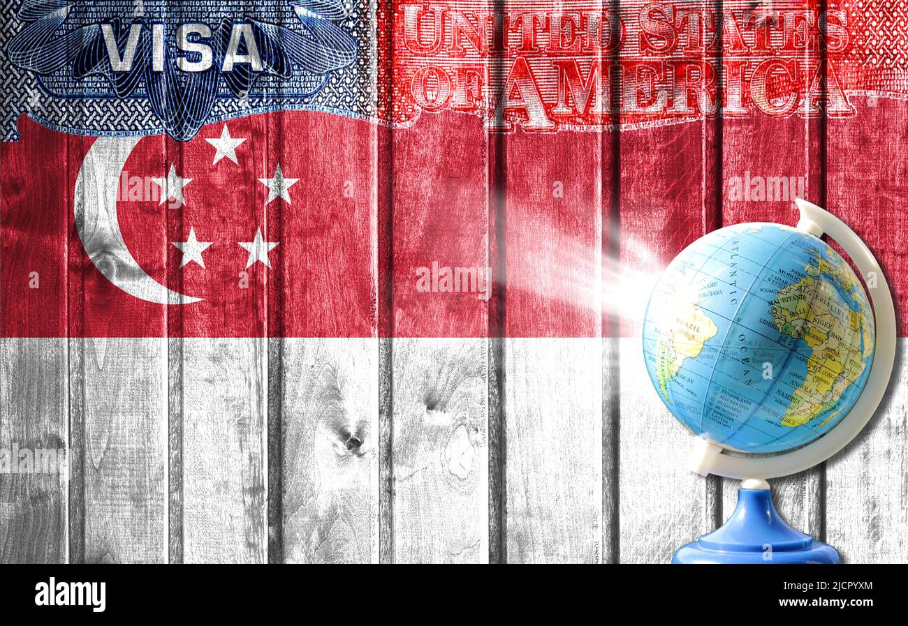 United States of America visa document, flag of Singapore and globe in the background. The