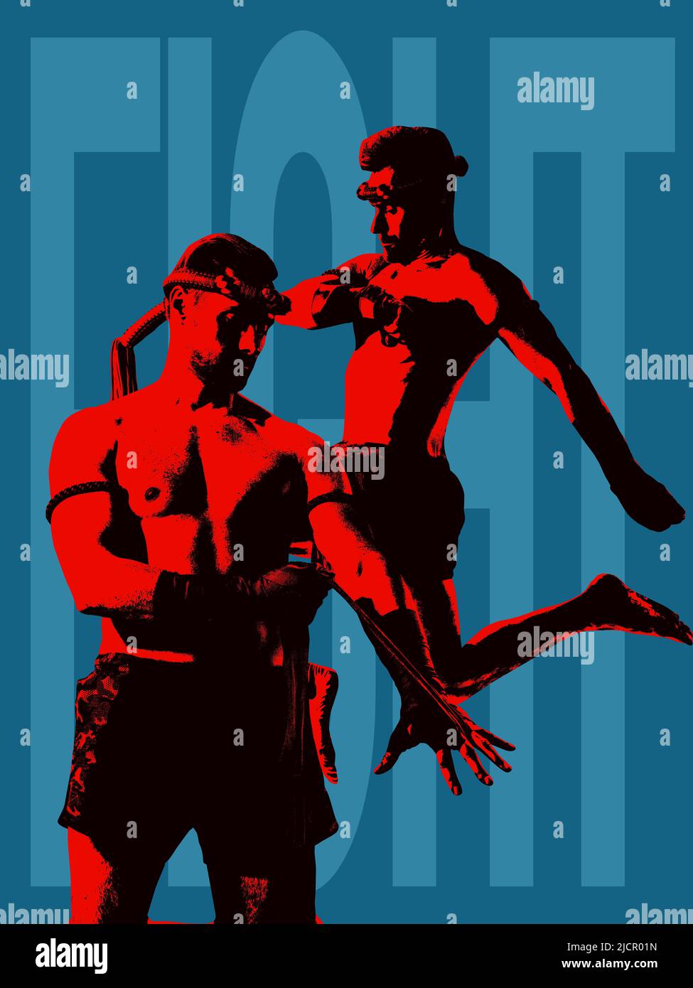 Creative collage with male mma fighter training isolated over blue background with lettering. Poster graphics. Concept of sport, action, art Stock Photo