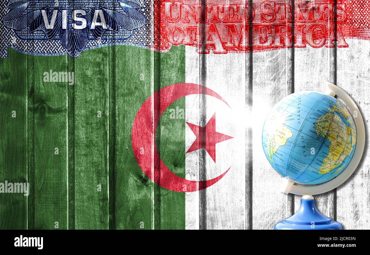 United States of America visa document, flag of Algeria and globe in