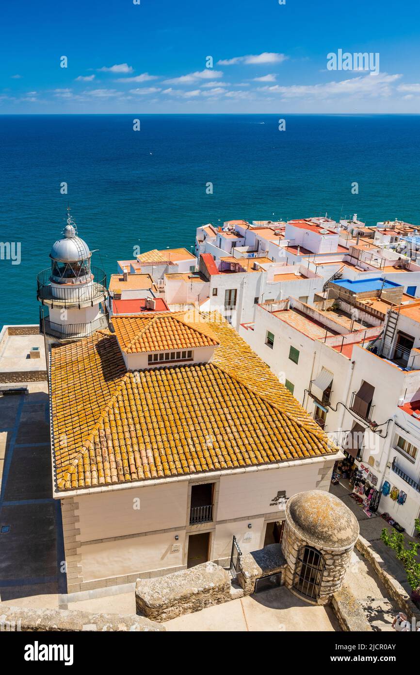 Old town and lighthouse, Peniscola, Valencian Community, Spain Stock Photo