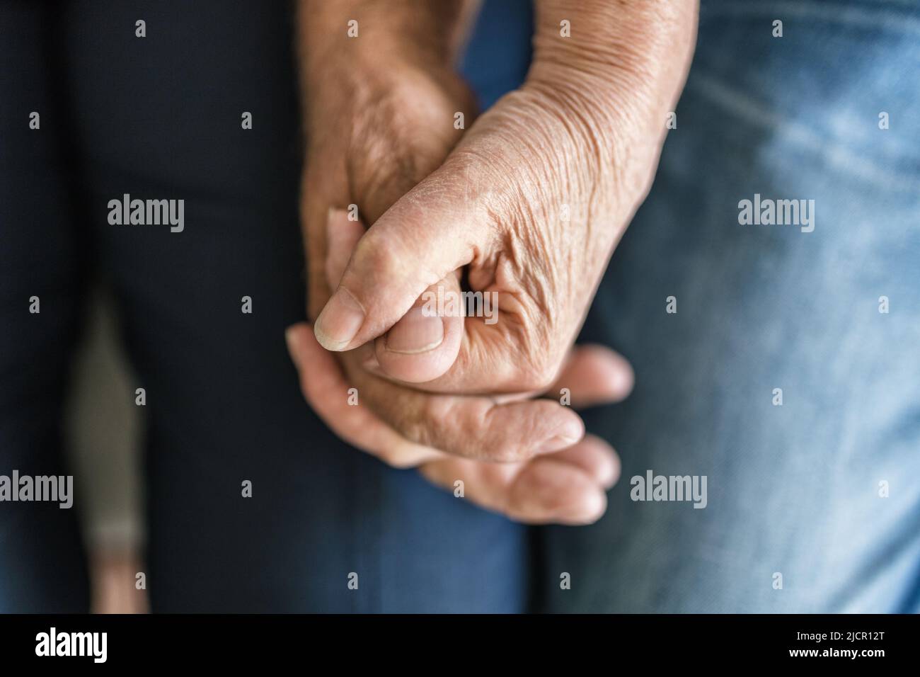Happy romantic senior couple in love holding hands at home Stock Photo