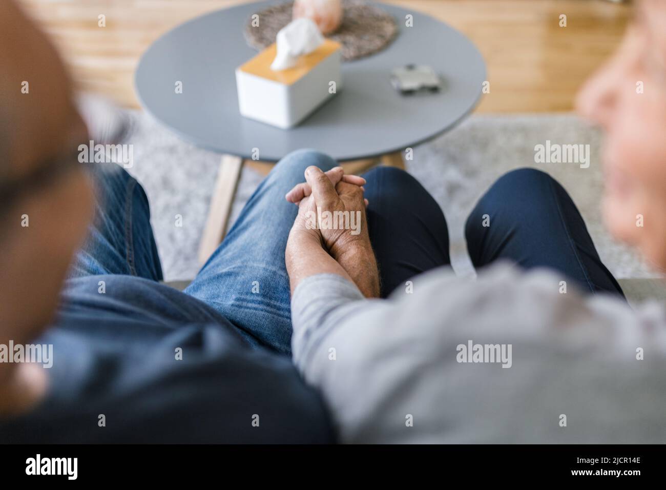 Happy romantic senior couple in love holding hands at home Stock Photo