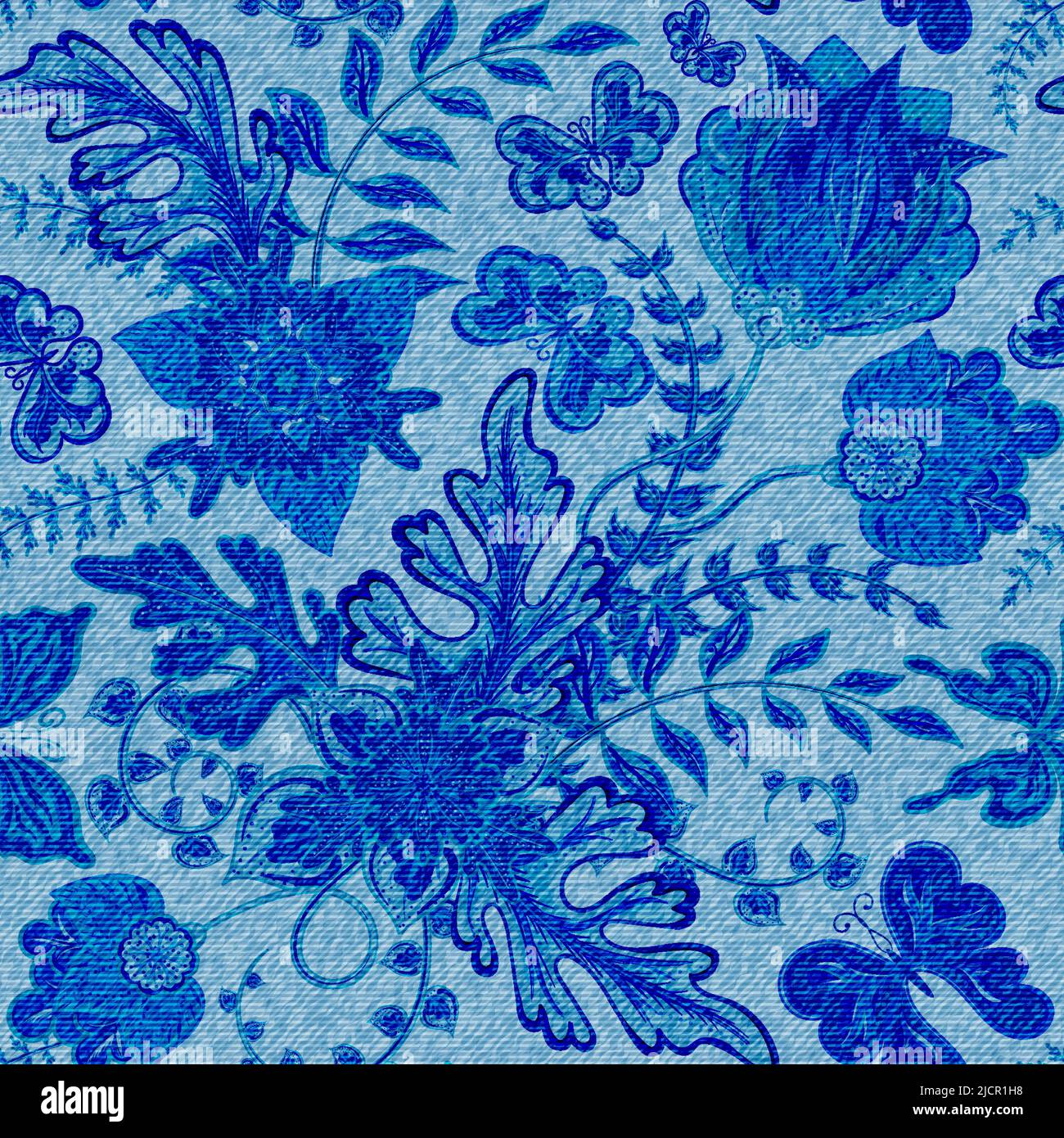 Vector seamless blue denim textures with fantasy flower pattern on background Stock Vector