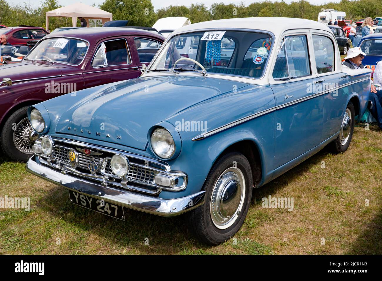 Three-quarters front view of a 1960, Blue, Hillman Minx, on display at the Deal Classic Car Show, 2022 Stock Photo