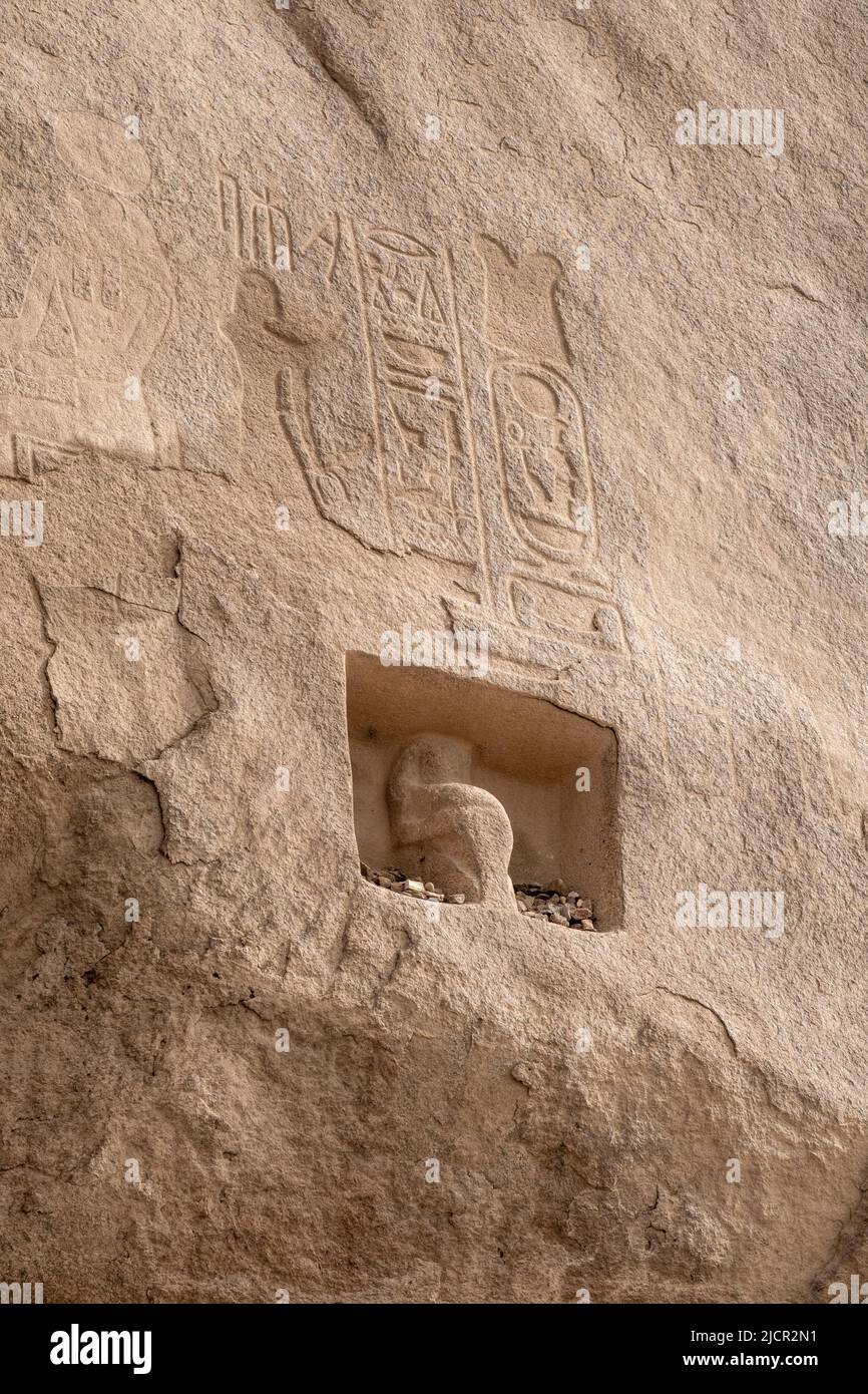 Inscription of Amenhotep III on granite boulder , River Nile, Aswan Stock Photo