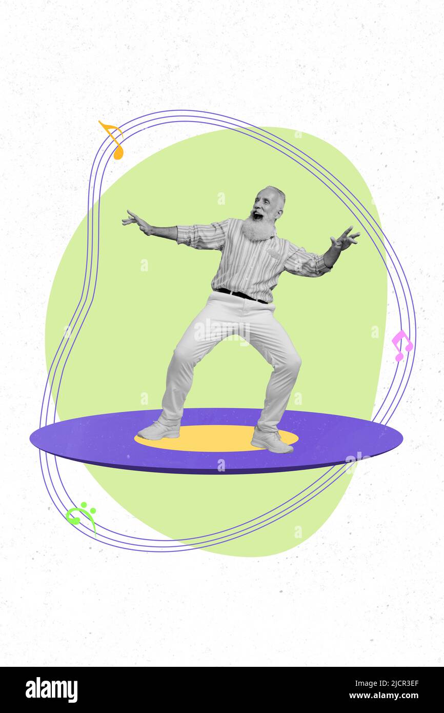 Collage photo of black and white effect granddad dancing on flying vinyl disc isolated on white green painting background Stock Photo
