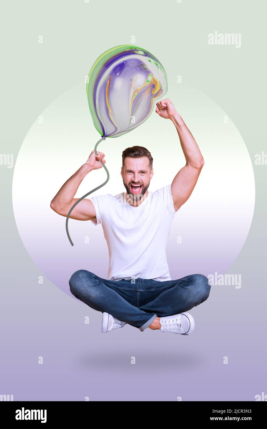 Creative abstract template graphics picture of funny guy popping balloon isolated pastel background Stock Photo