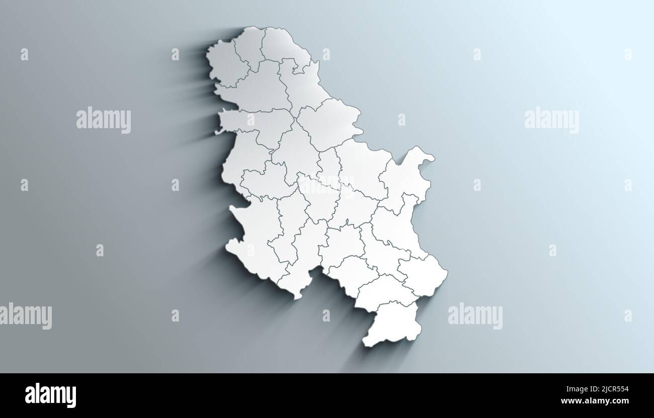 Geographical Map of Serbia with Districts with Regions with Shadows Stock Photo