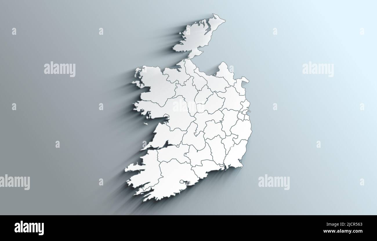 Geographical Map of Ireland with Counties with Regions with Shadows Stock Photo