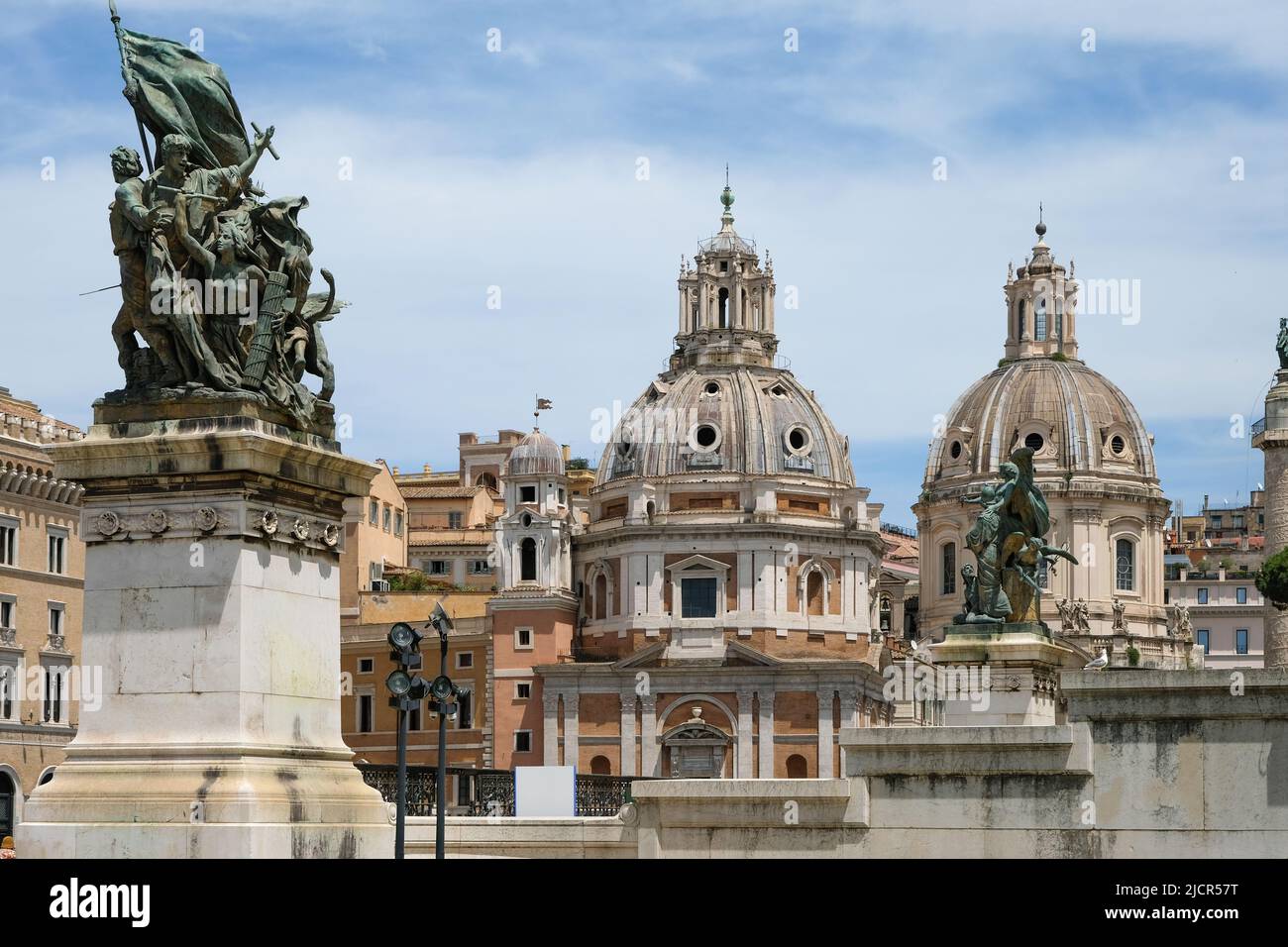 Monument Vittoriano and the majestic domes of Santa Maria di Loreto and Santissima Nome di Maria at Piazza Venezia in Rome, Italy. Stock Photo