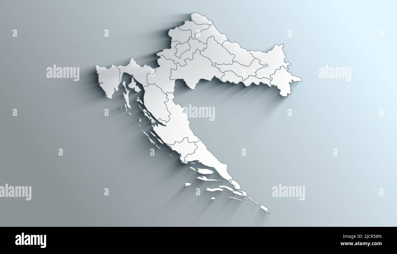 Geographical Map of Croatia with Counties with Regions with Shadows Stock Photo