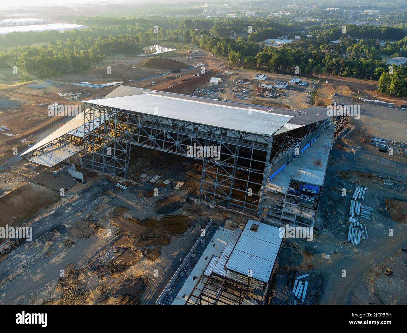 Rock Hill, South Carolina, USA - June 1, 2022: Aerial view of new Carolina Panthers practice facility after construction halted. Stock Photo