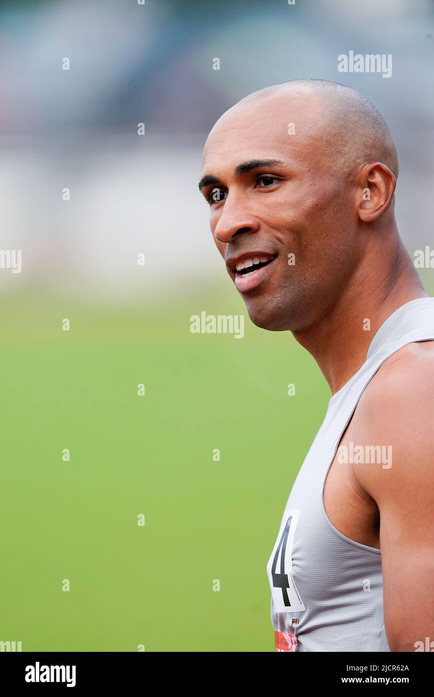 Burnaby, Canada, Jun 14, 2022, Damian Warner in 110m hurdle competition at the 39th Vancouver Sun, Harry Jerome International Track Classic at Swangard Stadium, in Burnaby, Canada, 14 Jun 2022  Photo Credit: Wesley Shaw: Shotbug Press Stock Photo