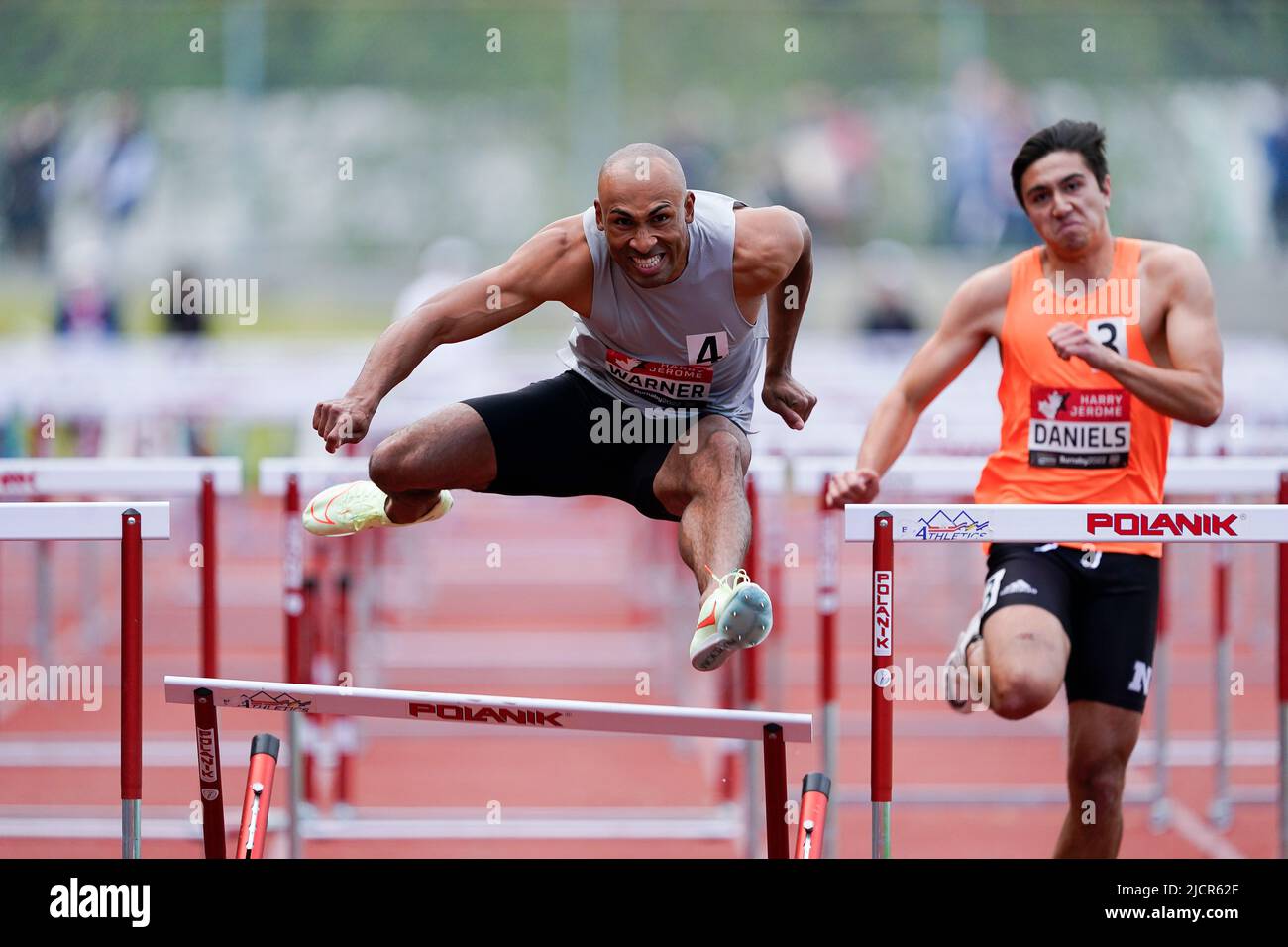 Burnaby, Canada, Jun 14, 2022, Damian Warner in 110m hurdle competition at the 39th Vancouver Sun, Harry Jerome International Track Classic at Swangard Stadium, in Burnaby, Canada, 14 Jun 2022  Photo Credit: Wesley Shaw: Shotbug Press Stock Photo