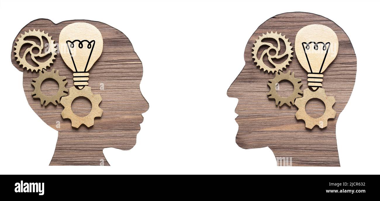 Gears, cogwheels and flat wooden light bulbs placed inside male and female heads shaped paper cutouts on a wooden background. Stock Photo