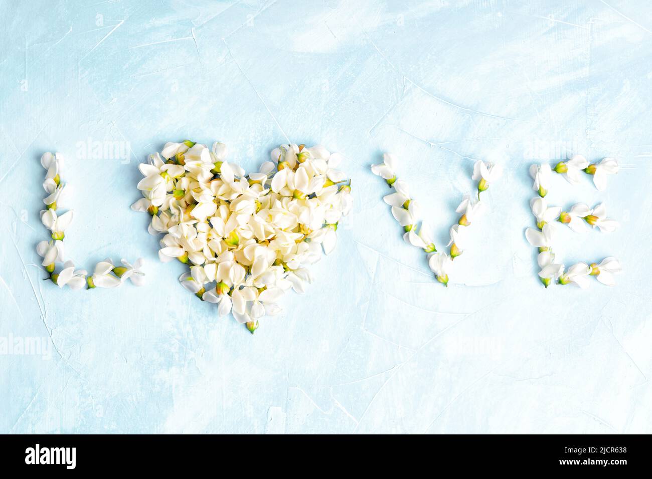 Word LOVE made from white acacia flowers on a pastel white-blue background. Romantic innocence and purity concept. Stock Photo