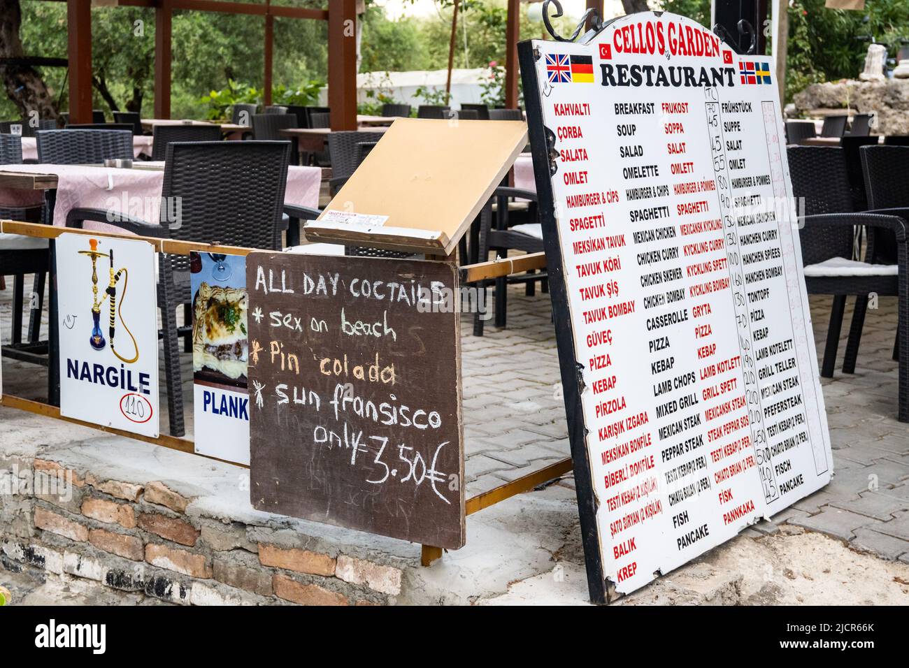 Sign and menu at a roadside restaurant. Side, Türkiye. Stock Photo