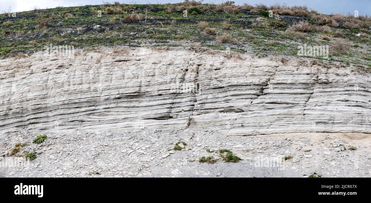 Thin beds of volcanic ash and debris on the wall of Meke Crater. Konya, Türkiye. Stock Photo