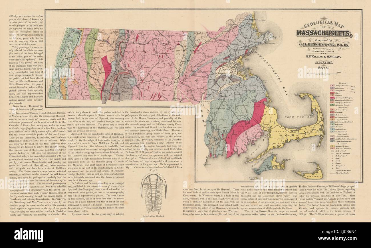 Geological map of Massachusetts… by C.H. Hitchcock. WALLING & GRAY 1871 Stock Photo