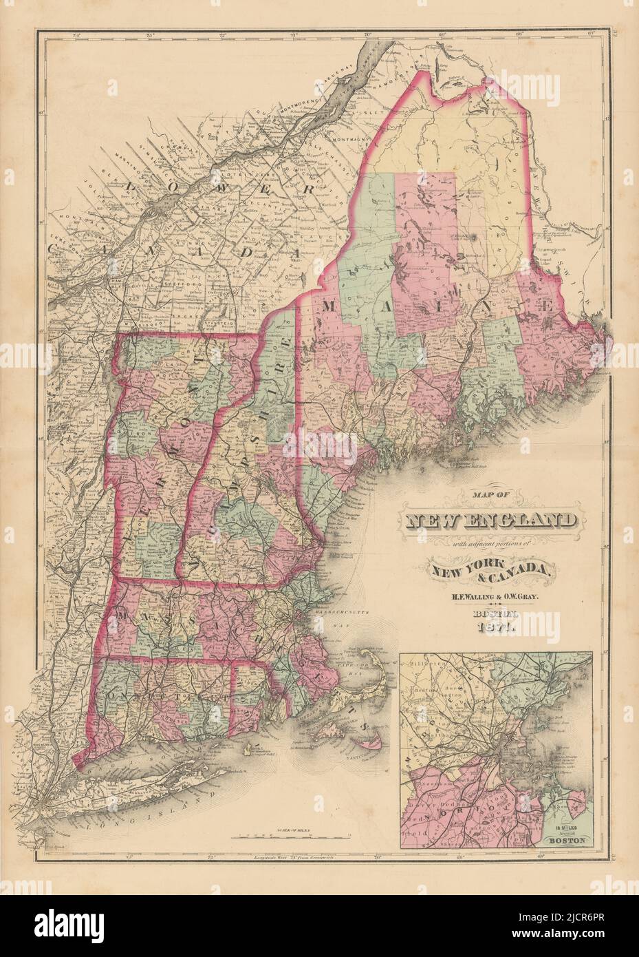 Map of New England with adjacent portions of New York… WALLING & GRAY