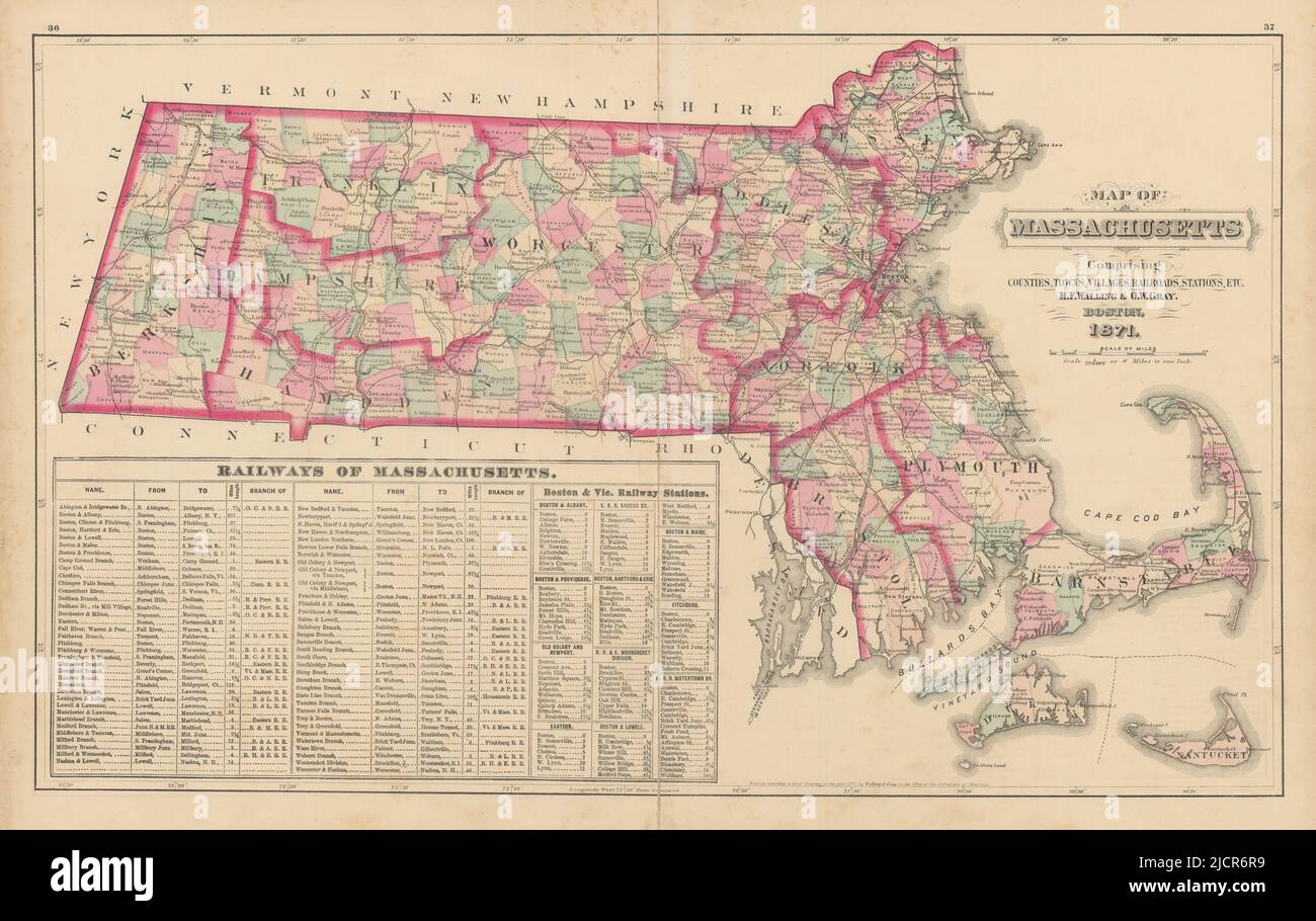 Map of Massachusetts comprising counties, towns… WALLING & GRAY 1871 old Stock Photo