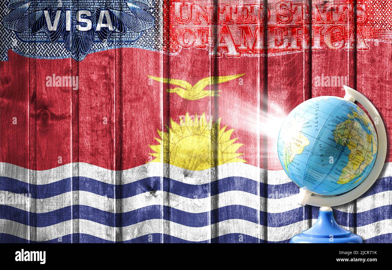 United States of America visa document, flag of Kiribati and globe in the background. The concept of travel to the United States and illegal migration Stock Photo