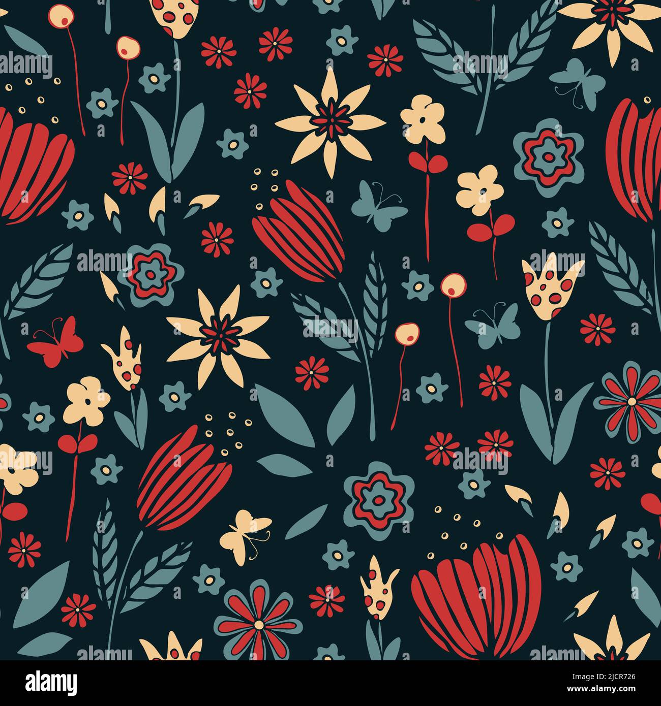Seamless vector pattern with dream garden on blue background. Vintage  floral wallpaper design with red blooms. Decorative flower fashion textile  Stock Vector Image & Art - Alamy