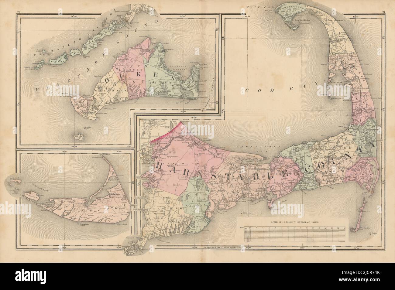 Cape Cod, Nantucket & Martha's Vineyard. Barnstable Dukes. WALLING GRAY 1871 map Stock Photo