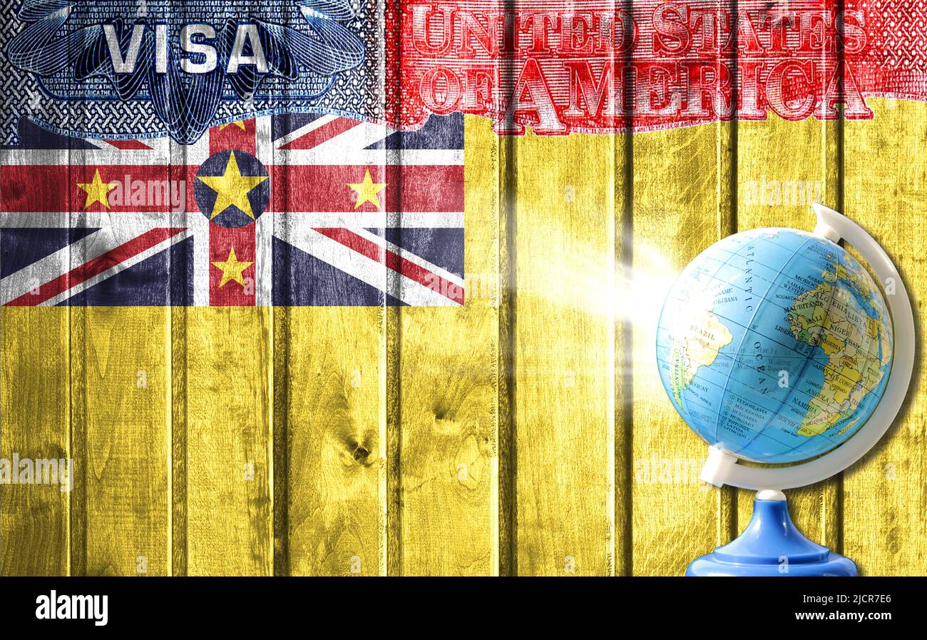 United States of America visa document, flag of Niue and globe in the ...
