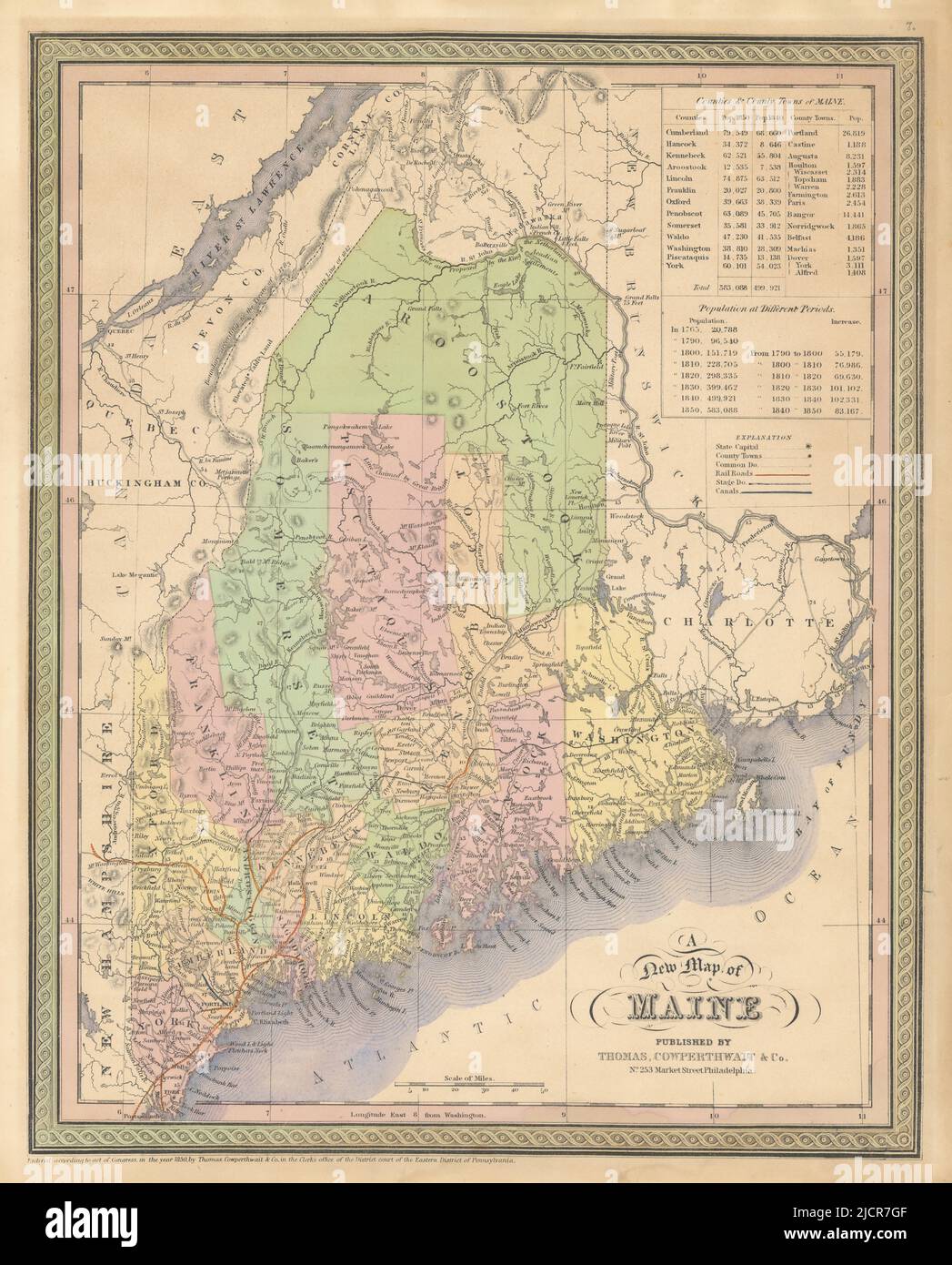 A new map of Maine. State map with counties. THOMAS, COWPERTHWAIT 1852 old Stock Photo