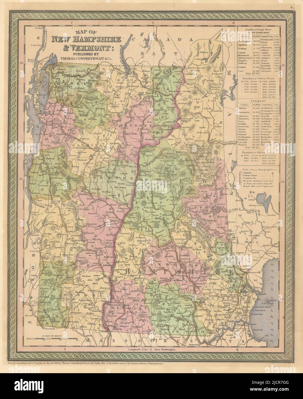Map of New Hampshire & Vermont. State map with counties. COWPERTHWAIT 1852 Stock Photo