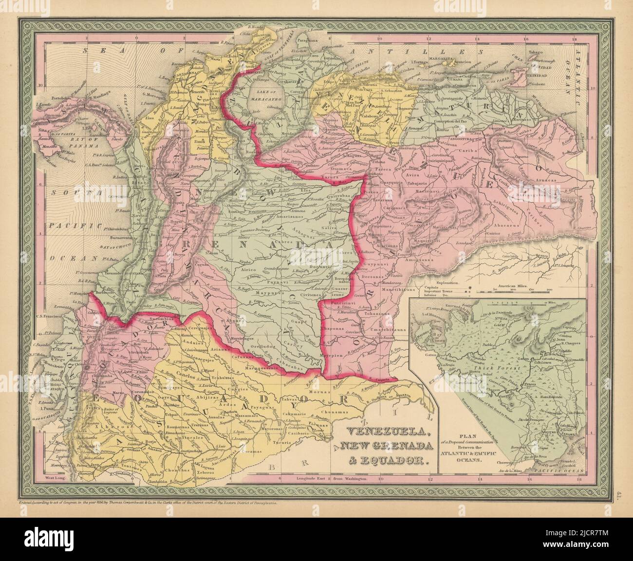 Venezuela, New Grenada & Equador. Panama canal proposal. COWPERTHWAIT 1852 map Stock Photo