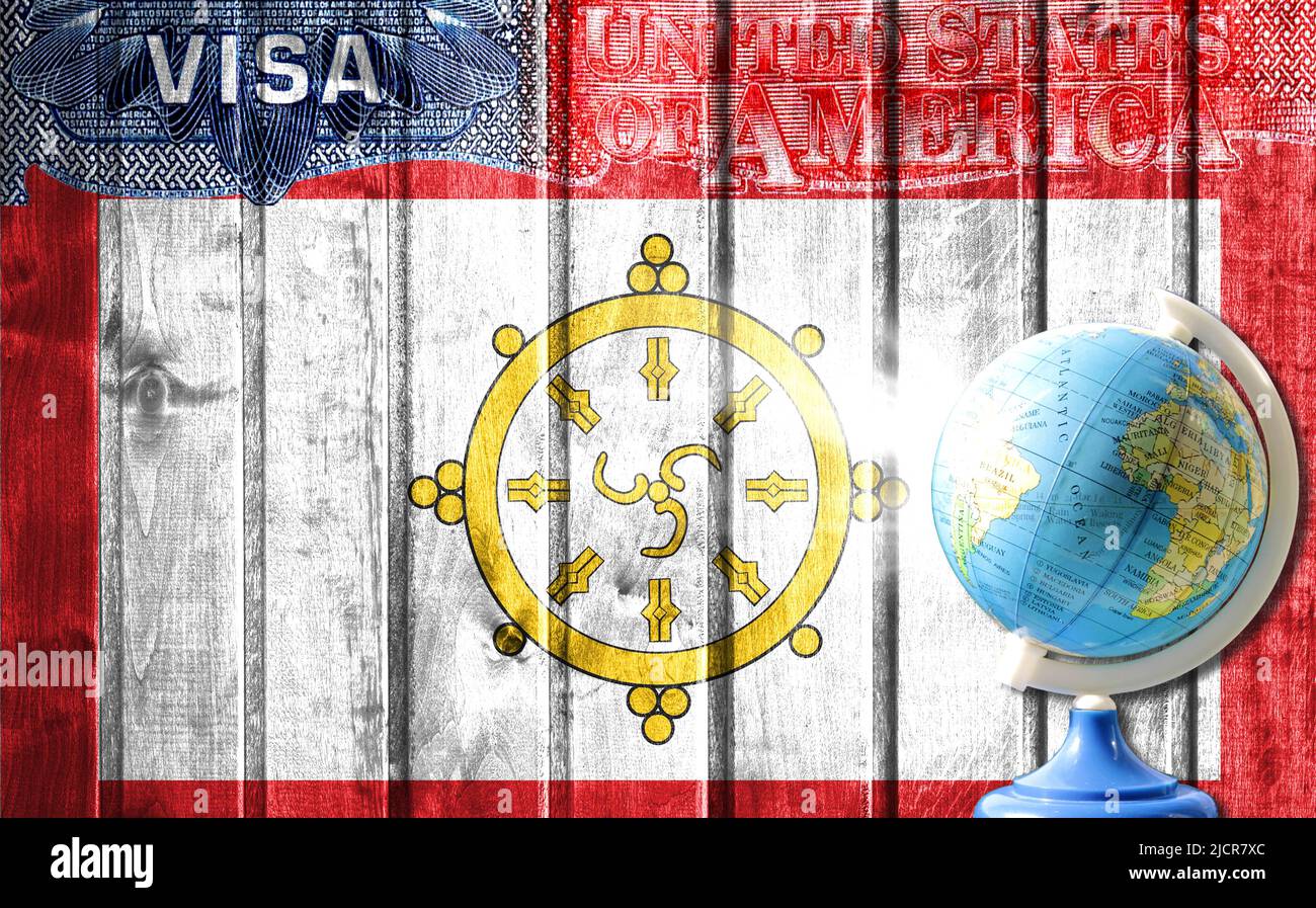 United States of America visa document, flag of Sikkim and globe in the ...