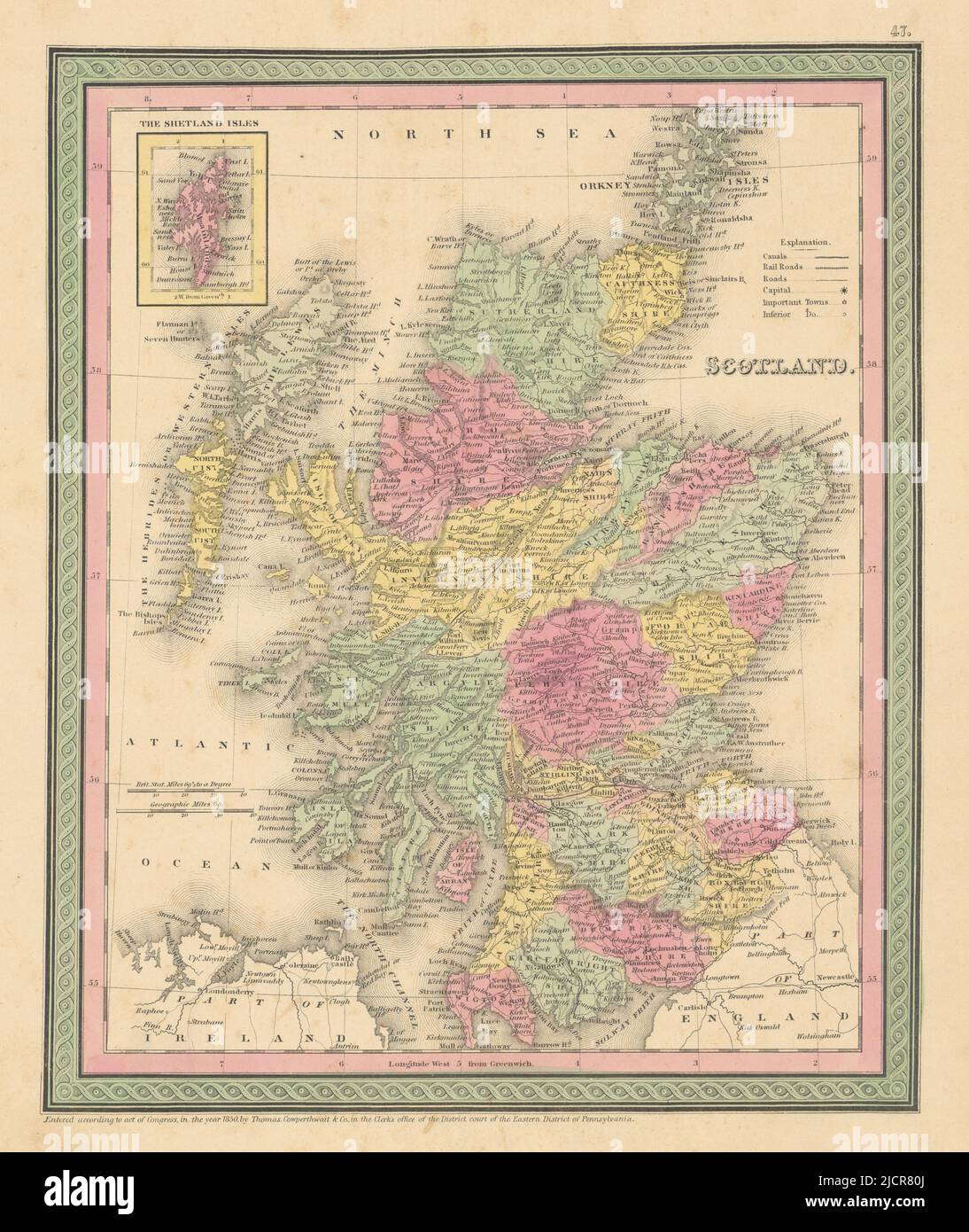 Scotland. Counties & railroads. THOMAS, COWPERTHWAIT 1852 old antique