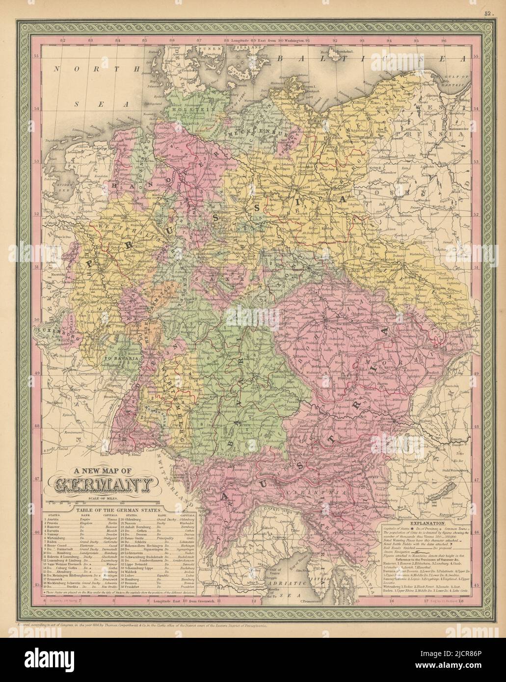 A new map of Germany. Austria Bohemia Moravia. THOMAS, COWPERTHWAIT 1852 Stock Photo