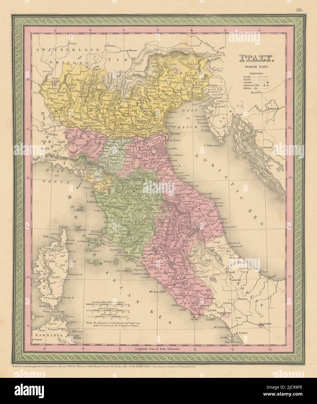 Italy, north part. State of the Church Tuscany Lombardy. COWPERTHWAIT 1852 map Stock Photo