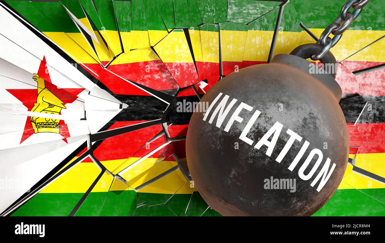 Inflation and Zimbabwe, destroying economy and ruining the nation. Inflation wrecking the country and causing  general decline in living standards.,3d Stock Photo