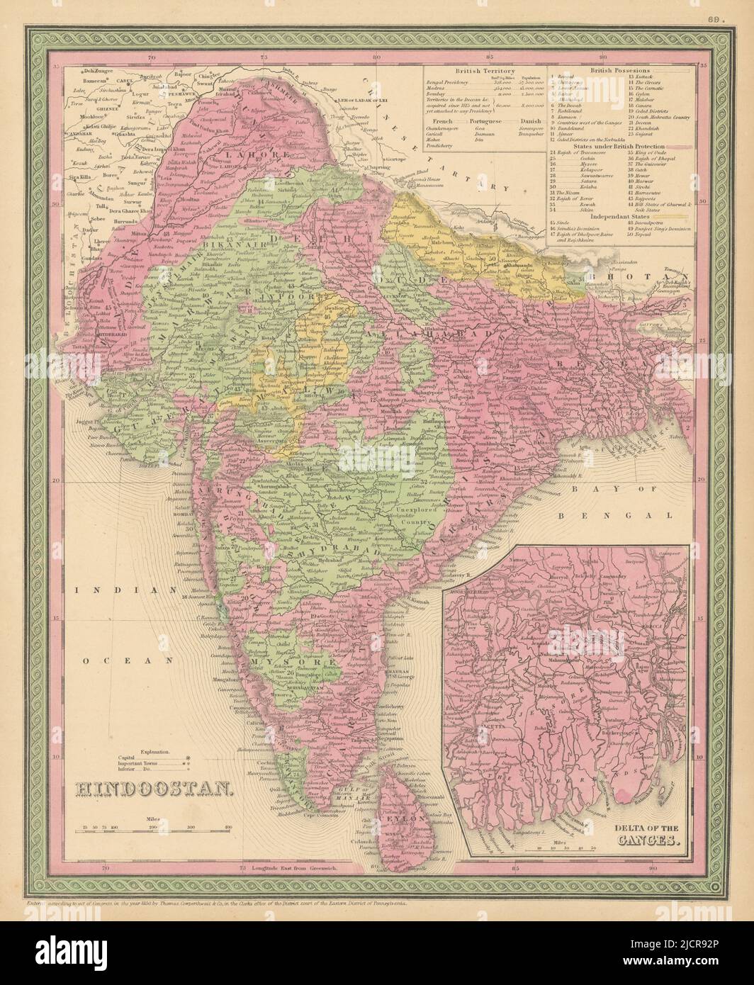 Hindoostan. Ganges Delta. India Bangladesh South Asia. COWPERTHWAIT 1852 map Stock Photo